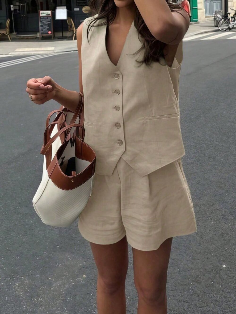 Khaki Casual Women's Vest And Shorts Set
